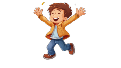 A cartoon-style boy with brown hair, wearing blue jeans and an orange jacket, is jumping for joy against a black background. He has his hands raised in the air as he smiles wide at something fun that just happened to him. The character's facial expression reflects pure happiness. This design captures the essence of youthful excitement, making it suitable for various applications like video games or animation production. Vector illustration, with no text. Isolated on a Black Background.