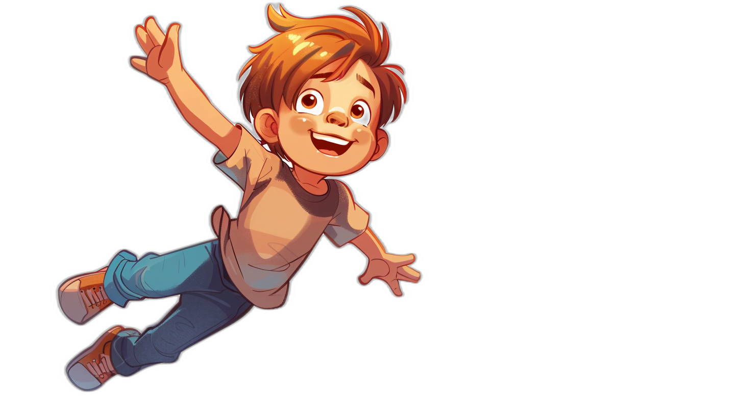 A cartoon boy flying in the air, smiling with his hands up and wearing blue jeans. He has short brown hair and is dressed casually for an adventure against black background, character design, vector illustration, 2d game art style, flat shading, bold color palette, high resolution, digital painting, high detail, high contrast, sharp focus, isolated on white background