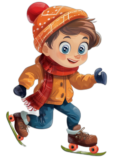 A cute cartoon boy skating on roller skates in a clip art style with bright colors and a black background. The character is wearing an orange jacket with brown buttons, blue jeans, dark shoes, and a red scarf around his neck. He has white gloves holding the wheels of the skates. He has big eyes and his mouth is open in a joyful expression. Black isolated background.