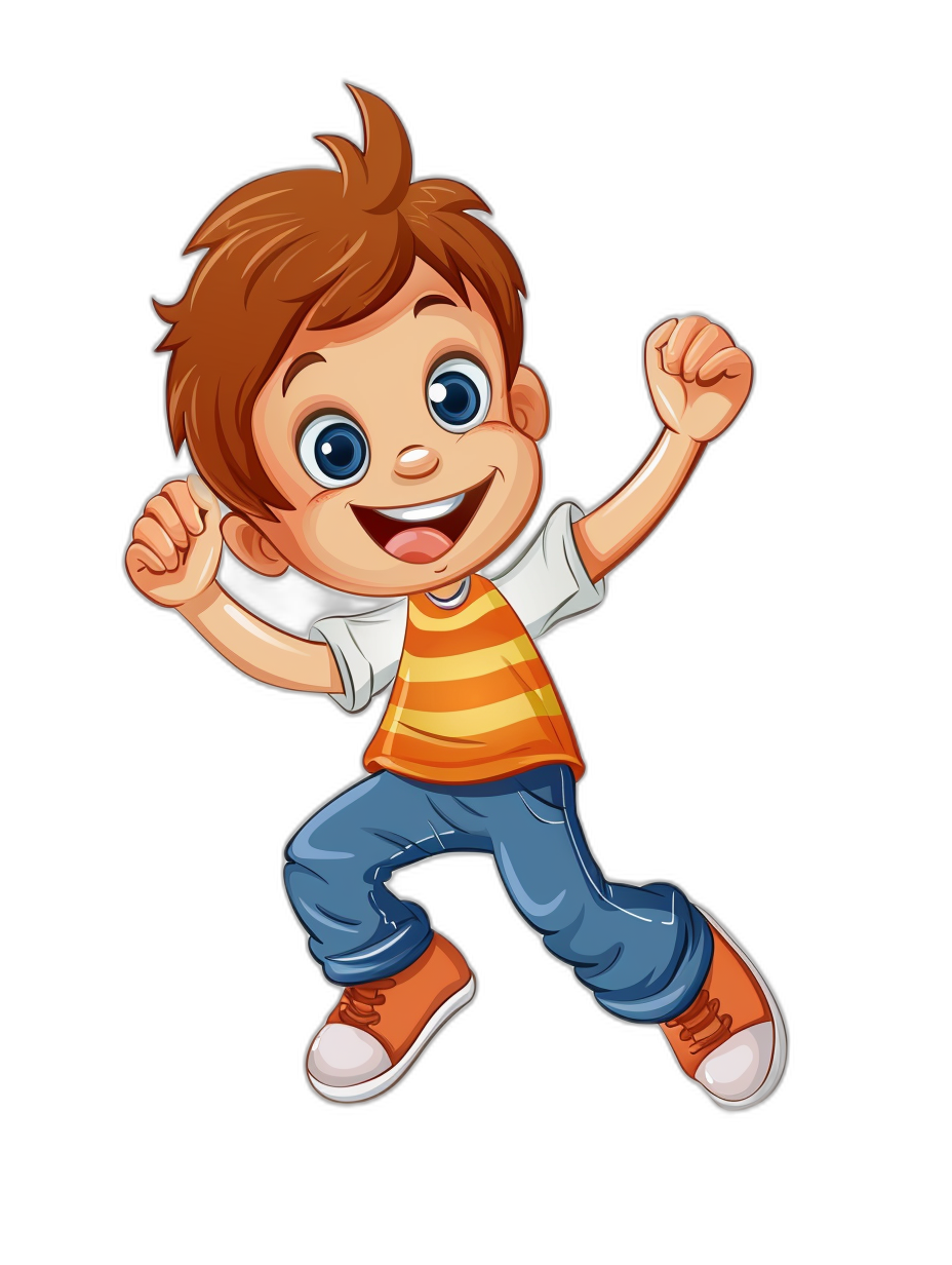 Cute cartoon boy in action pose, vector illustration on black background, happy and cheerful face expression with big blue eyes, brown hair wearing orange striped t-shirt white shirt jeans and red shoes jumping up isolated on transparent png background, for print design graphic art poster logo Vector Illustration