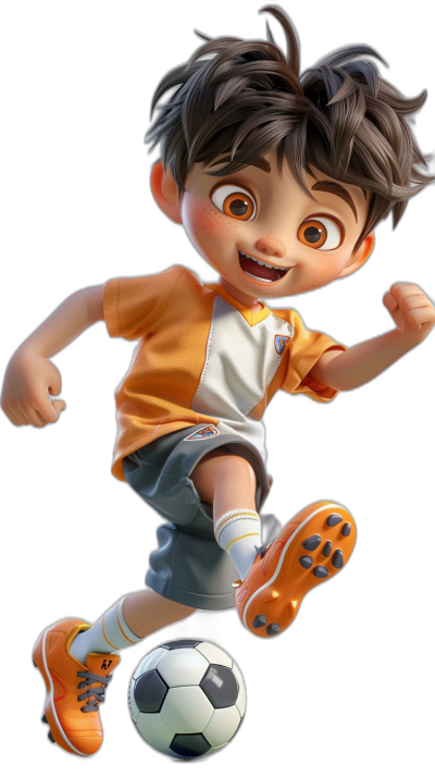 An animated character of a young boy with dark hair wearing orange shoes, playing football in full body on a black background, in the style of Disney Pixar, 3D rendering, digital art, character design, a white shirt and grey shorts, a cute cartoon illustration, high resolution, high detail, high quality, high definition, cinematic.