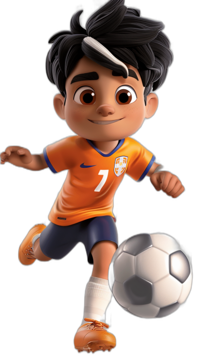 An Asian boy, wearing an orange football jersey with the number "7", black hair and brown eyes is playing soccer with his feet, in the style of cartoon character design, a full body shot, pure white shoes, 3D rendering, simple background, in the style of Disney Pixar animation, cute cartoon characters, black lines, high definition resolution, high quality, black background, full of vitality, bright colors, soft lighting, 2K.