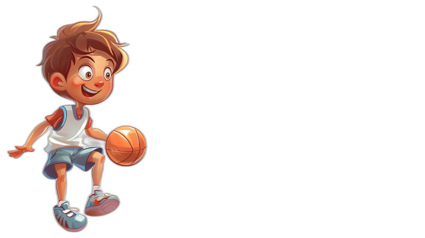 A cartoon boy playing basketball against a simple black background in the style of a cartoon. 2D game art in a high resolution, high quality, high detail, high definition style of a digital painting with high dynamic range and high contrast, showing a full body portrait wearing white shoes and shorts.