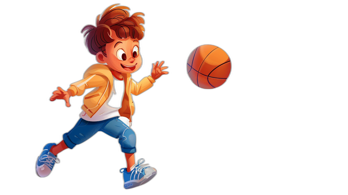 A cartoon boy playing basketball against a black background in the 2D game art style reminiscent of Disney Pixar animation. A full body portrait depicts the boy with light orange hair, blue shoes, and a white shirt with a purple pattern on the chest. Solid color blocks are used with a cool and handsome expression.