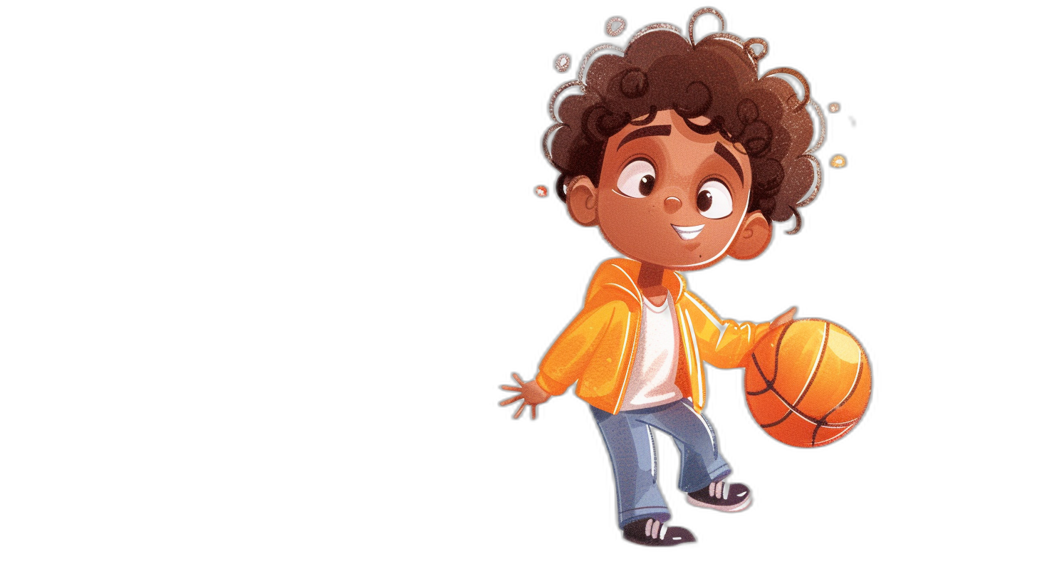 A cute cartoon of an African American boy playing basketball, with curly hair and big eyes wearing jeans and an orange jacket on a black background, in the style of Pixar.