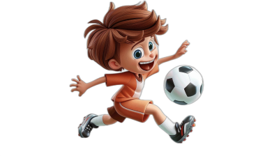 cartoon character of a boy playing soccer, with brown hair and an orange outfit, on a black background, in the style of Pixar.