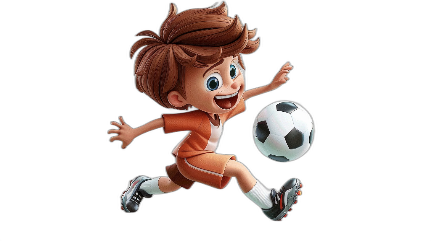 cartoon character of a boy playing soccer, with brown hair and an orange outfit, on a black background, in the style of Pixar.