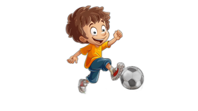 Cartoon style, a cute little boy playing football in a full body shot with a simple cartoon character design and simple background with a black background in the cartoon animation style with bright colors and a lively and cheerful atmosphere. The child is wearing an orange t-shirt with blue jeans on his legs, he has brown hair and big eyes. He was kicking the ball in mid-air while smiling happily in the style of .