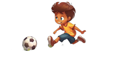 A cute cartoon character of an Indian boy playing football, wearing shorts and shoes with brown hair of short length, on a black background, in the style of 2d game art, with flat shading, vibrant comics, lively action poses, with simple line work, at a high resolution.