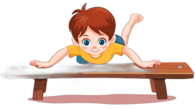 cartoon of young boy doing the handstand on top of wooden bench, solid black background, in style of cute modern digital art