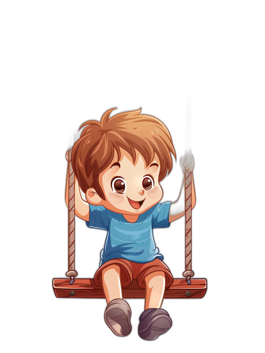 A cute cartoon of happy boy sitting on the swing, smiling and looking at camera with big eyes, wearing blue t-shirt , short brown hair . Isolated black background, full body shot