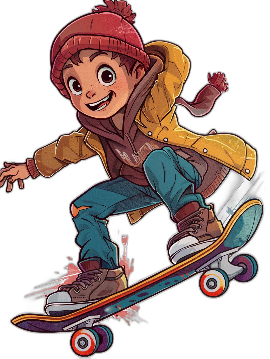 A cartoon character boy is riding on his skateboard, wearing cute shoes and gloves. He has brown hair with bangs, big eyes, smiling face expression, red hat, jacket, blue jeans, and colorful pants. The background is black with colorful colors. The style is cartoon with high resolution and no shadows. It is a full body portrait with a full-length view and simple design but detailed  in the style of a cartoon.