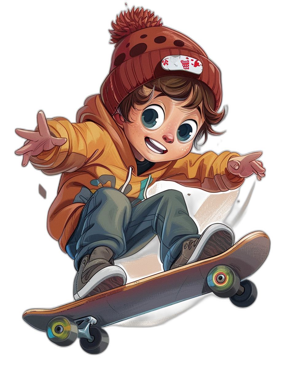 A cute cartoon boy with big eyes is riding on his skateboard, wearing an orange beanie and brown jacket, in the style of Disney, black background, character design for potential game characters.