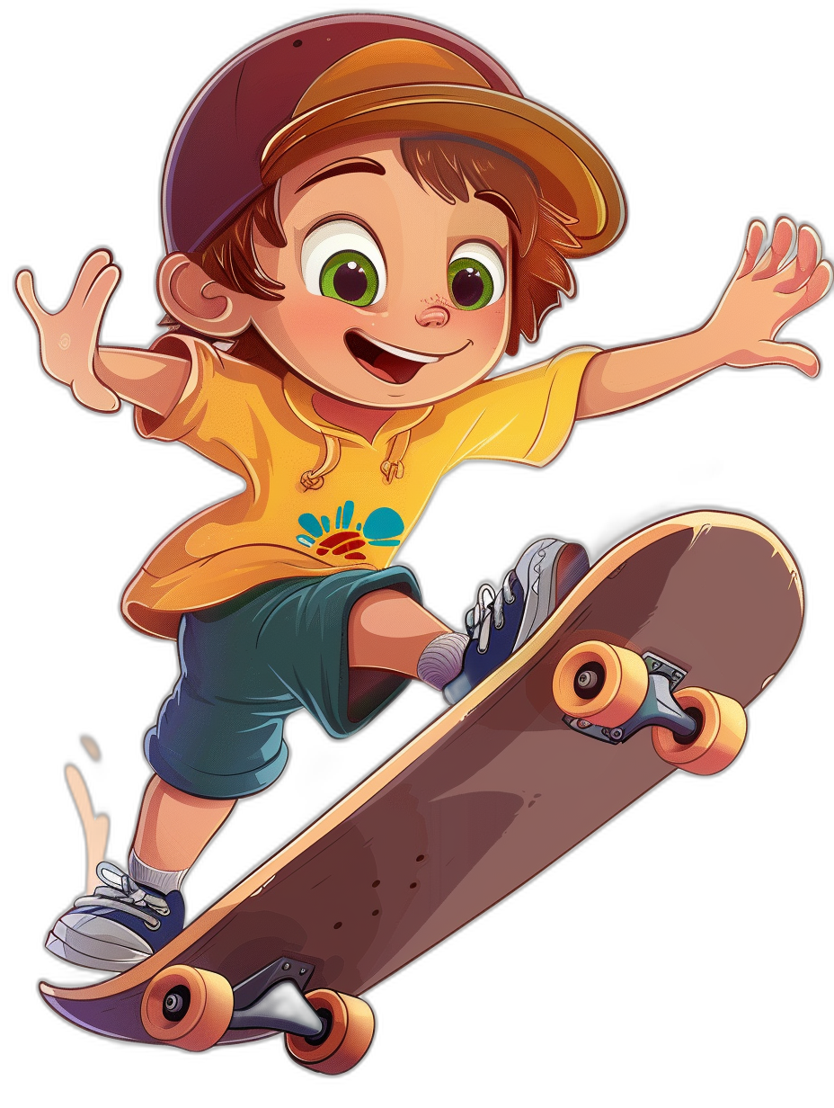 cartoon character of young boy with skateboard, cartoon style, bright colors, solid black background, clip art, no shadow, cute, pixar quality