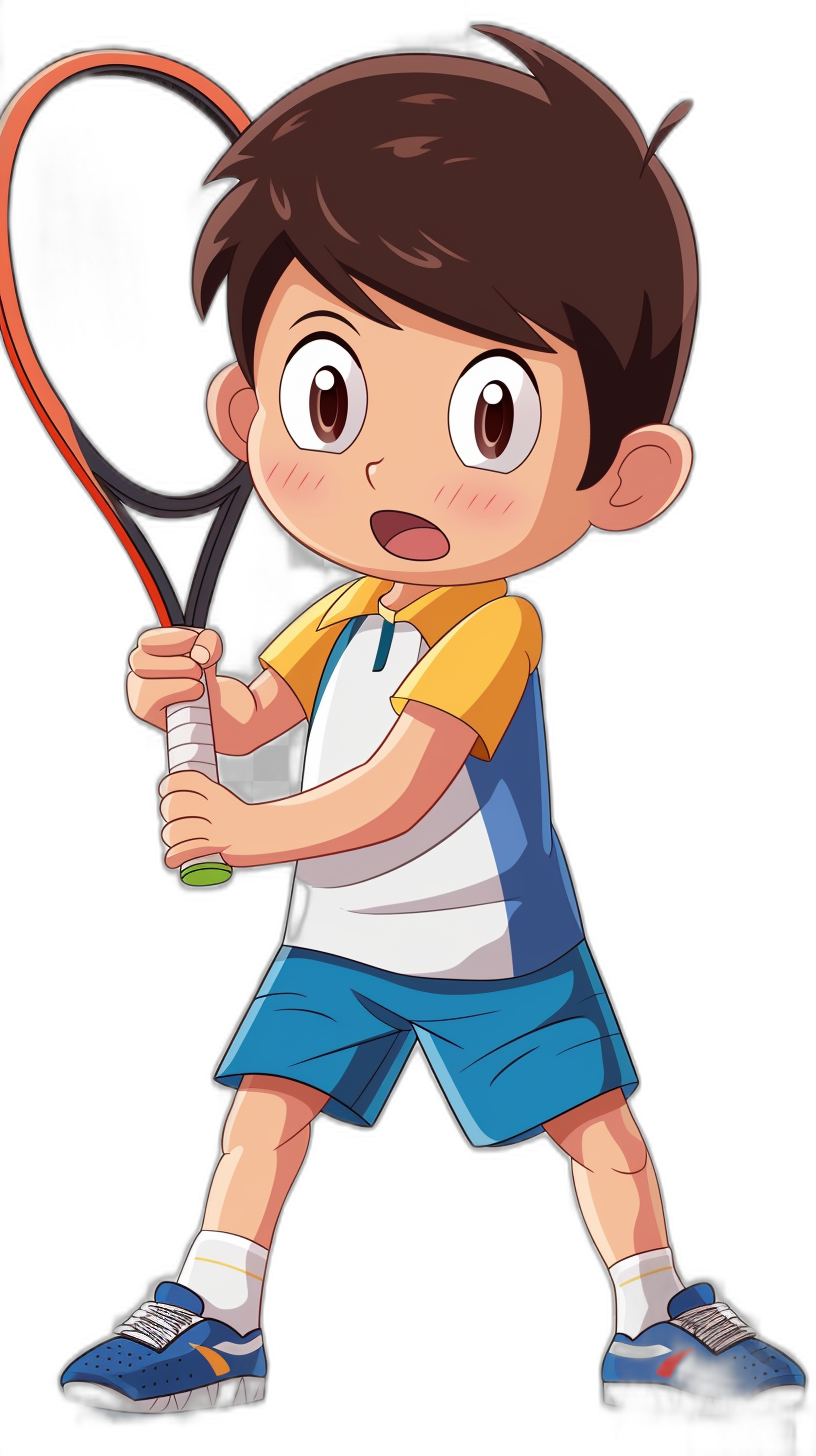 A boy playing tennis, holding the racket in his hand and ready to hit it with great force. He has brown hair, is wearing blue shorts, a white t-shirt with yellow stripes on both sleeves, and dark grey shoes. The simple cartoon style background is black. The character’s face should have an expression of determination as he emulates Rose Wolves’ athletic passion in the style of anime or chibi.