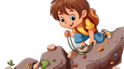 A cute cartoon girl climbing on rocks with safety rope and other equipment, vector illustration style, black background, flat design, simple lines, high resolution, high detail, cartoon character design. The little boy has brown hair, blue eyes, wearing yellow shirt and white shoes, holding green belt in hand. He is smiling happily while climbing the rock wall. There were some small stones scattered around him.,,in