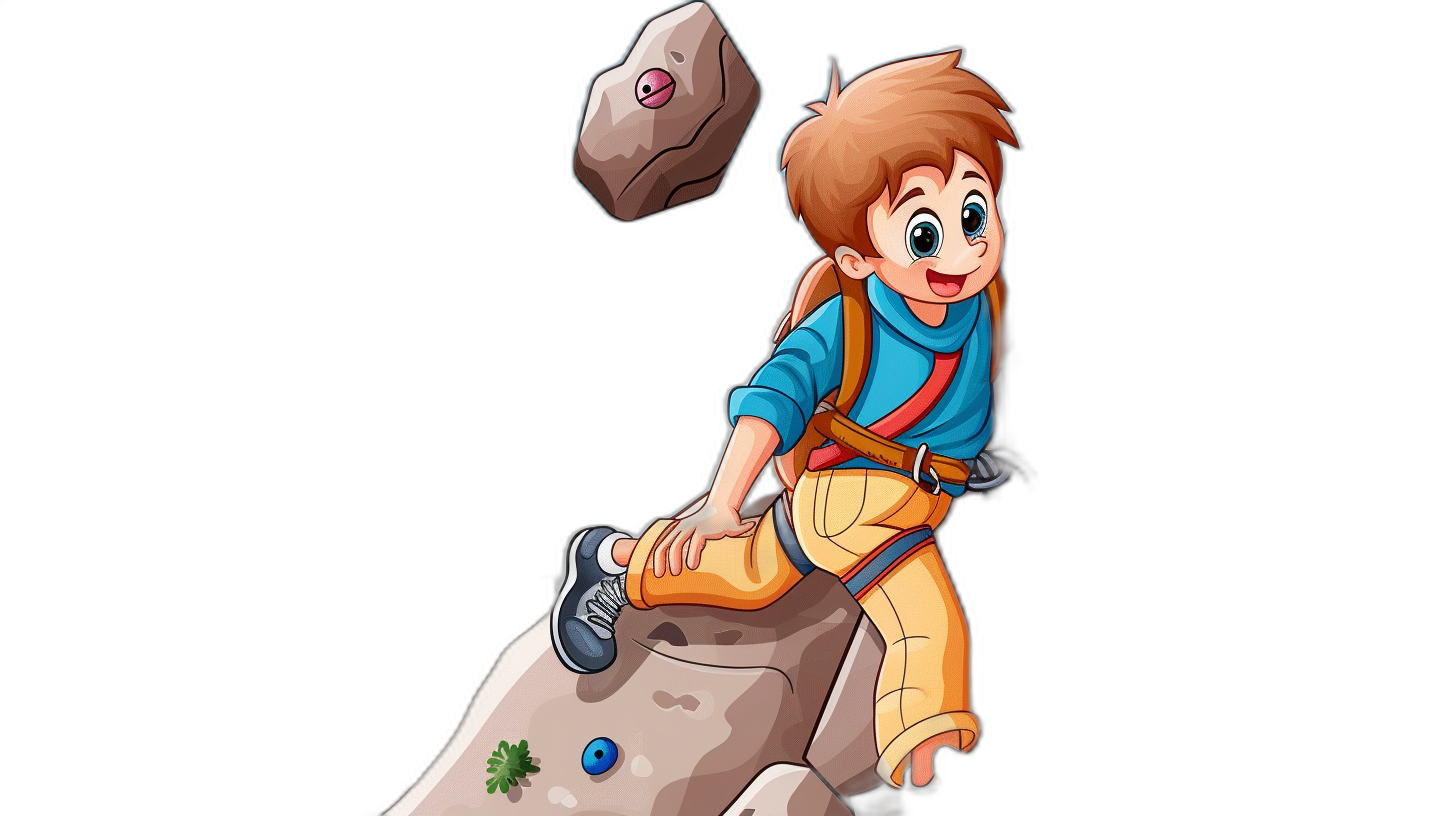 A cartoon boy in a blue shirt and yellow pants, with brown hair is climbing on top of a rock that has an eye gemstone hanging from its side. Black background. The style should be vibrant and colorful, suitable for children’s book illustrations.