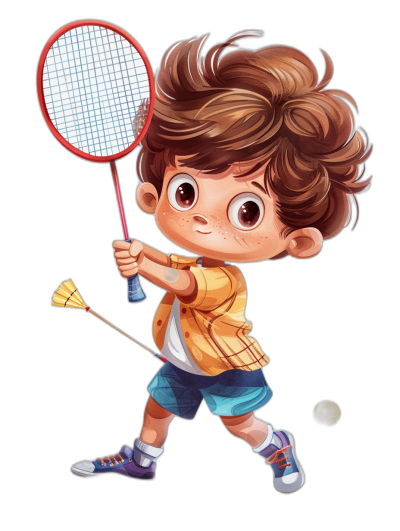 A cute little boy playing badminton, with brown hair and big eyes, wearing sports , holding the racket in his hand ready to hit the ball, in a cartoon style, like a Disney Pixar character illustration, with a colorful color scheme on a black background, as a flat vector illustration, as a full body portrait, rendered in 3D, with high resolution, high details, and high quality.