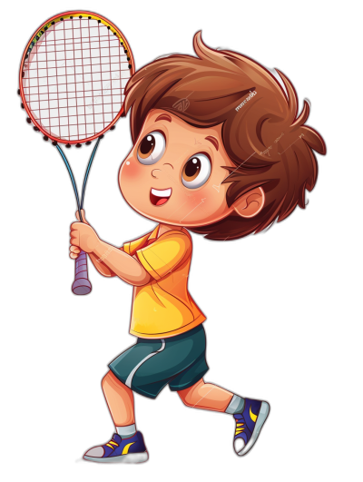 A cute happy little boy playing badminton in the style of clip art, isolated on a black background.