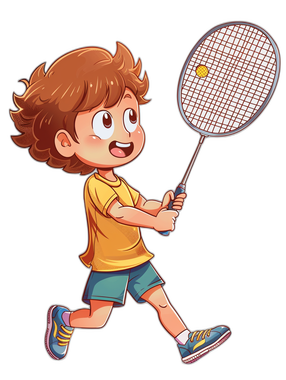 A cute little boy playing badminton in the style of clip art with a black background.