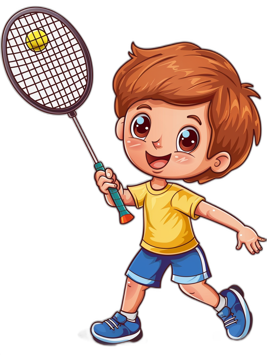 a cute happy boy playing badminton, clip art style with black background