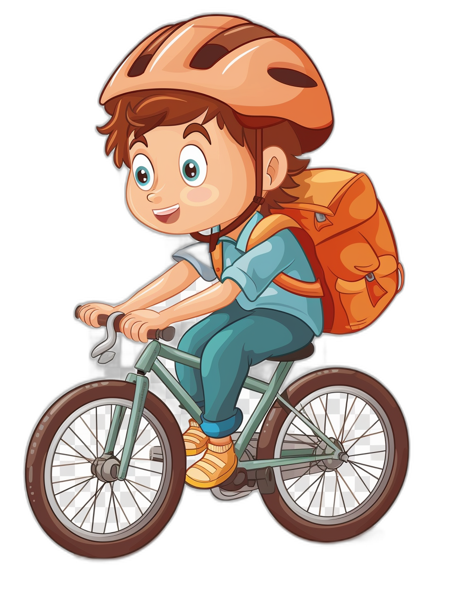 A boy is riding his bike, cartoon style vector illustration with black background. The character has short brown hair and wearing helmet for protection while cycling on the road. He wears blue shirt, jeans pants and orange backpack behind him, isolated in white color. Vector Illustration with black background. Isolated on pastel black or transparent background. No mockup effect., Isolate object on dark grey background, clipart design, flat art