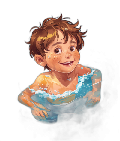 A cute happy brown haired boy with freckles, in a blue dress made of water, swimming underwater, smiling, in the style of Pixar character illustration on a black background