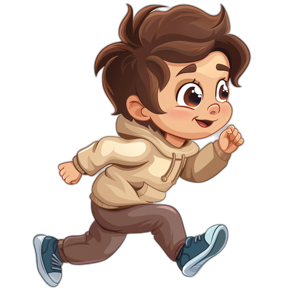 A cute cartoon avatar of an adorable little boy with brown hair, wearing casual  and running happily on the black background in the style of a cartoon.