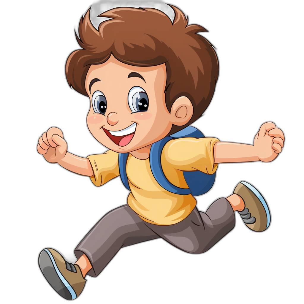 a cute cartoon school boy running with backpack, smiling face and black background