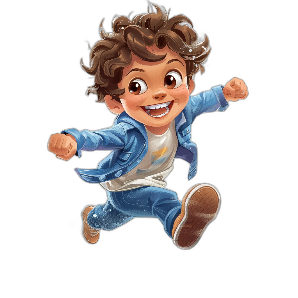 Illustration of a happy jumping boy with curly brown hair, a blue jacket, a white t-shirt, and jeans on a black background in the style of Disney Pixar cartoons.