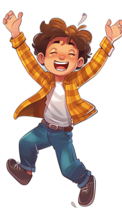 A cute boy is jumping up and laughing, with brown hair, a yellow plaid jacket, a white T-shirt underneath, blue jeans, a black background, a flat illustration style, a high-end color scheme, a full body portrait, a 2D effect, simple lines, no shadows on the character's face. The illustration is in the style of a Japanese artist.