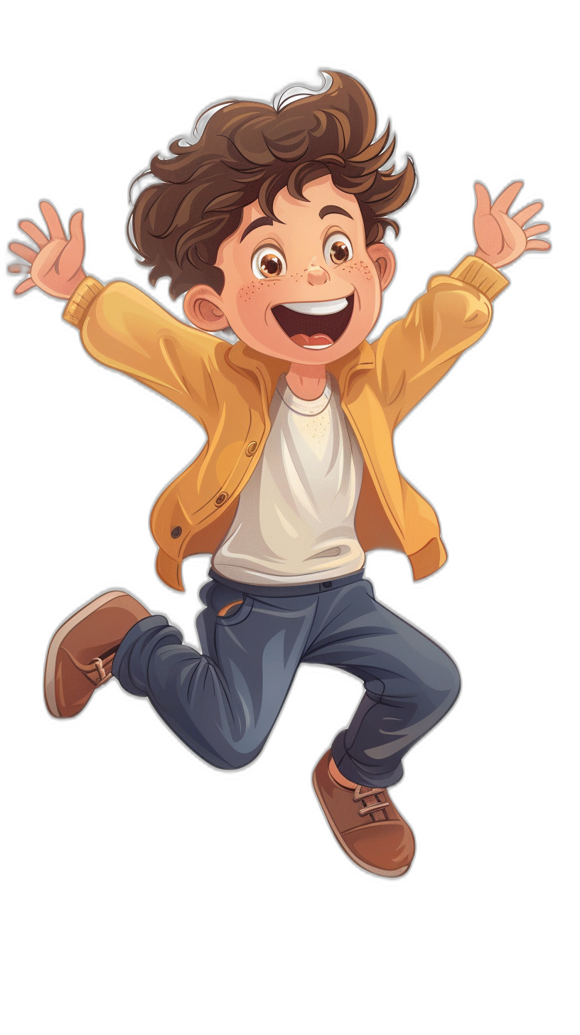 A happy boy jumping in the air, with brown hair and light blue eyes, wearing a yellow jacket, white t-shirt and jeans against a black background in the style of a cartoon.