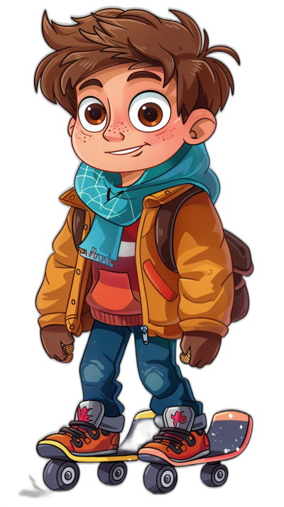 A cute cartoon character of a young boy with brown hair and big eyes, wearing winter  and a jacket, jeans pants and sneakers standing on a skateboard, isolated on a black background, in the style of 2d game art, in the style of Pixar.