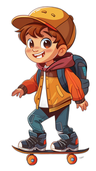 Cute cartoon illustration of an animated character boy with brown hair, wearing a cap and hoodie on his head, he is riding a skateboard on a black background, wearing sneakers, a backpack, with a cute smile, big eyes, in a full body shot, high resolution, high quality, high detail, in the style of Pixar.