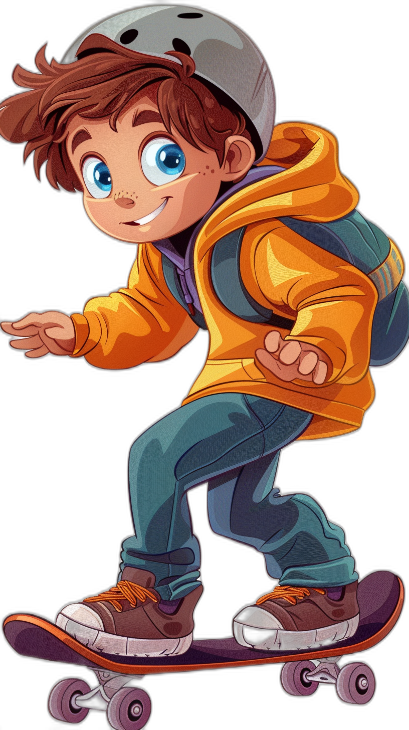 A boy with brown hair and blue eyes is riding a skateboard wearing an orange hoodie jacket with gray sleeves, jeans, and dark purple shoes. He is depicted in the style of cartoon clip art against a black background and is wearing a white helmet.