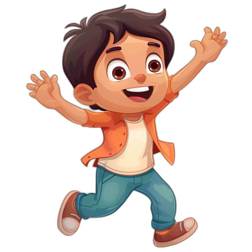 A cartoon character of an excited Indian boy in casual  jumping with a black background, happy and smiling, in the style of a children’s book illustration, simple design, full body, high resolution vector, colorful, no shadows on the characters, cute