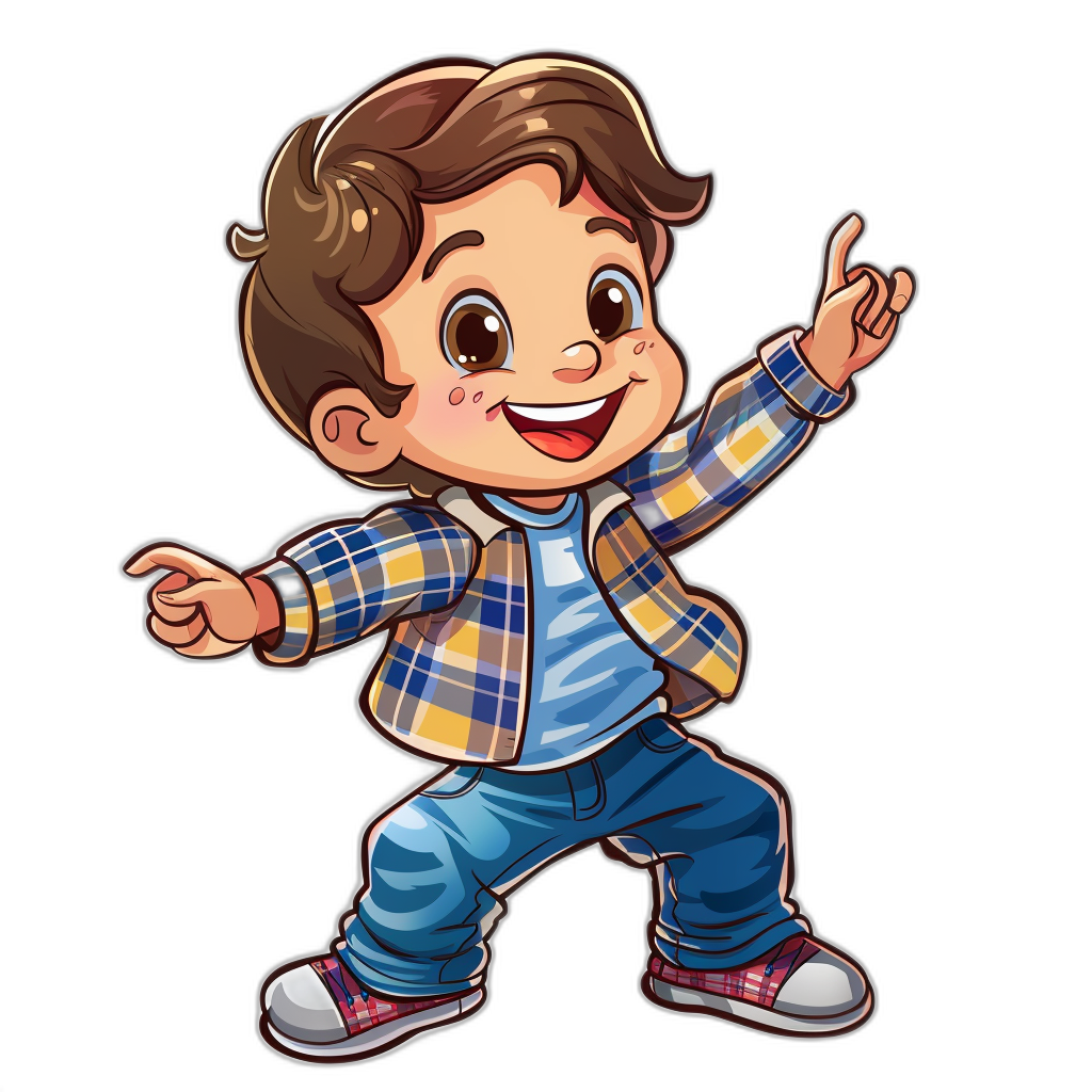 a cute happy cartoon kid dancing, dressed in jeans and plaid shirt with blue t-shirt underneath , sticker style on black background