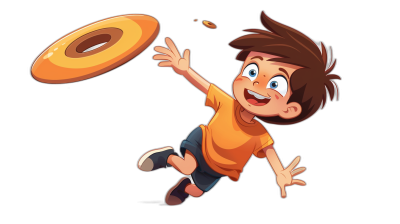 A cartoon boy is throwing the frisbee in the style of vector illustration with a black background. He has brown hair and blue eyes wearing an orange t-shirt and dark denim shorts for his . The boy throws the frisbee while jumping in mid-air, captured from behind. A single donut flies towards him in front, in a realistic cartoon style.