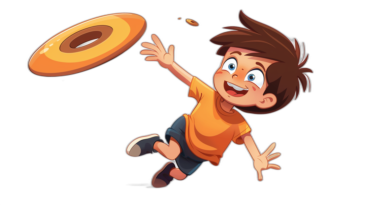 A cartoon boy is throwing the frisbee in the style of vector illustration with a black background. He has brown hair and blue eyes wearing an orange t-shirt and dark denim shorts for his . The boy throws the frisbee while jumping in mid-air, captured from behind. A single donut flies towards him in front, in a realistic cartoon style.