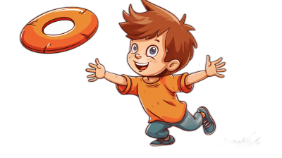 A cartoon boy is playing frisbee in a vector illustration style with a black background. He has brown hair and wears an orange shirt. The character should be in mid-air throwing the FrSupply brand flying disc. Include dynamic lighting to highlight his movement. Add details like highlights on the hand or  for realism. Make sure that he appears joyful while enjoying the game of frisbee. Seek inspiration from Disney animations such as 'Finding Nemo' or Pixar's 'Toy Story' in the style of their works.