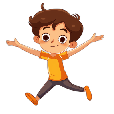 A cute cartoon boy is jumping in a simple, flat illustration style with a black background. He has brown hair and is wearing an orange t-shirt and gray pants. The character has big eyes, white teeth, short dark-brown hair, and yellow shoes. His arms are outstretched to the sides.