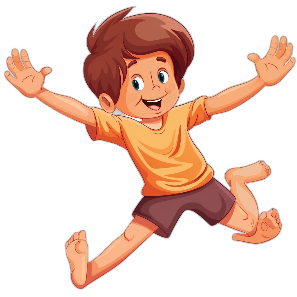 a cartoon illustration of an happy brown haired boy jumping, clip art style on black background