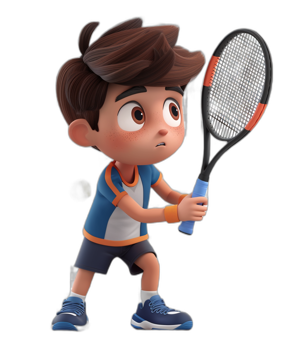 A cute boy is playing tennis, holding a racket in his hand, wearing a blue and white t-shirt with an orange strip on the chest, black shorts and dark grey shoes, brown hair, big eyes, in the chibi style, like a Disney Pixar cartoon character, on a black background, 3d rendered.