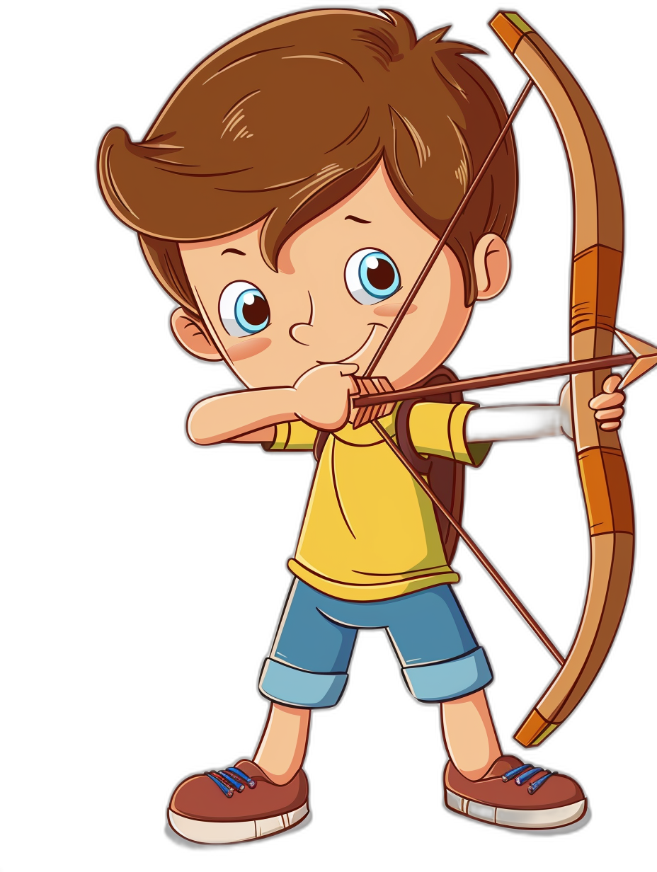 A cartoon boy shooting an arrow, vector illustration with black background. The little archer has brown hair and blue eyes wearing shorts, sneakers, yellow t-shirt and holding his bow in the air. A simple yet cute design perfect for print on demand products or graphic designs. Vector Illustration in the style of Disney Pixar, Isolated elements, Full body shot, high resolution