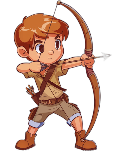 A cartoon drawing of an archer with brown hair, dressed in shorts and boots, holding his bow drawn back ready to shoot an arrow against a solid black background in the style of Disney, cute chibi art for kids.