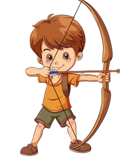 Cute cartoon boy shooting with a bow and arrow in the style of vector illustration on a black background.