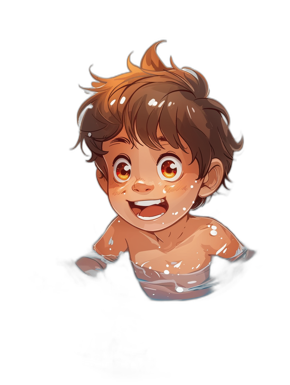 A cute baby boy with brown hair is smiling and looking up. He is wearing white swim trunks in the water at night. His eyes have red sparkles from them being wet. He has big round orange colored eyes. In the style of chibi, this is an anime drawing on a black background without shadows. It is a digital art.