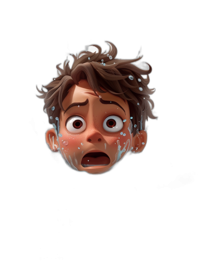 A cute cartoon head of a worried looking boy with brown hair, he has pale skin and white eyes, his face is covered in water droplets, 3D render, vector illustration style, black background, in the style of Disney Pixar.