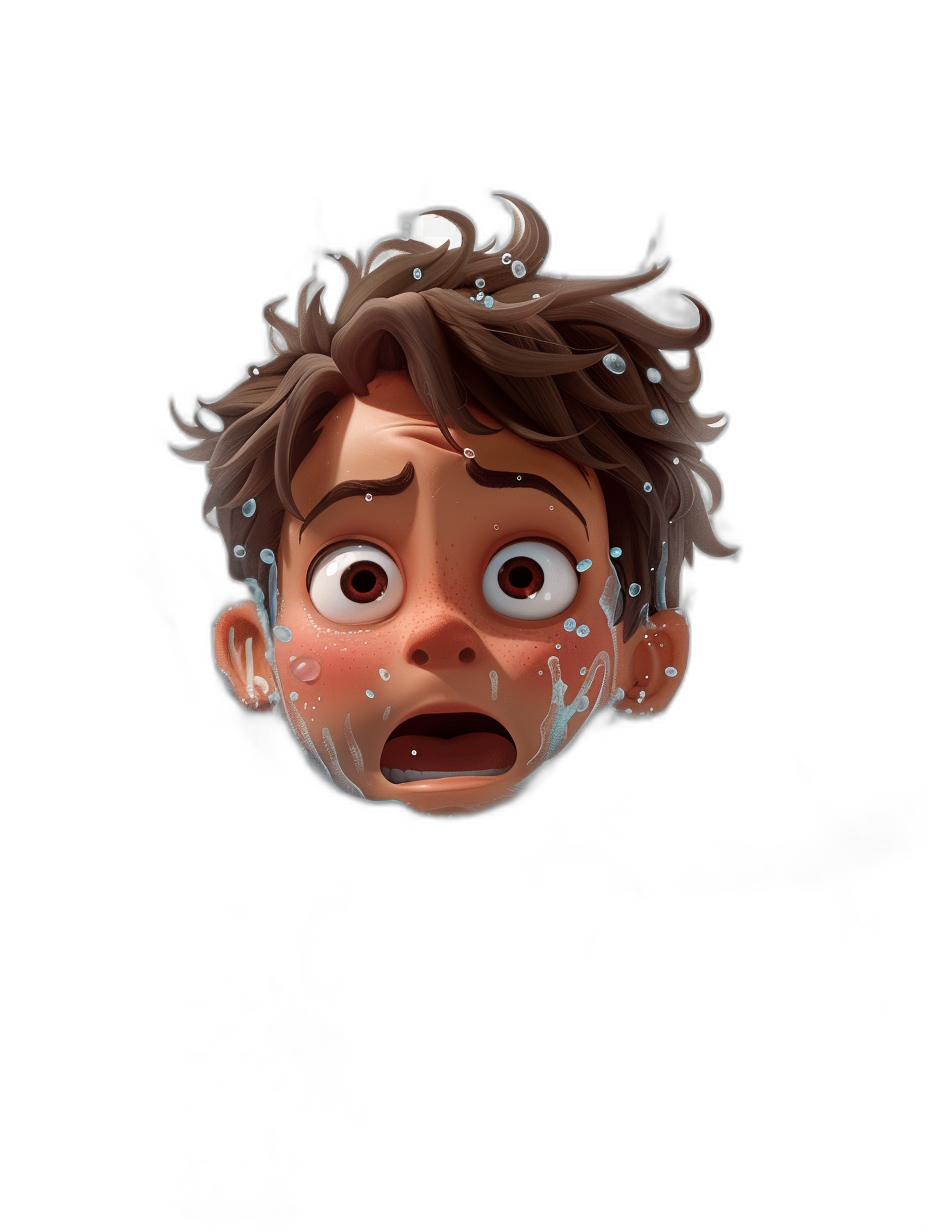 A cute cartoon head of a worried looking boy with brown hair, he has pale skin and white eyes, his face is covered in water droplets, 3D render, vector illustration style, black background, in the style of Disney Pixar.