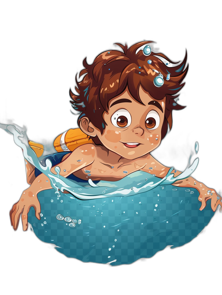 Cute cartoon vector style illustration of a little boy with brown hair and big eyes swimming in the pool, isolated on a black background, with water splashes around him, wearing a blue swim ring, with high quality details, sharp focus, studio lighting, a low angle shot, taken with a wide-angle lens, in the style of Pixar and Disney with fantasy, bright colors, natural light, and soft shadows.